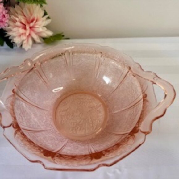 Jeannette Glass Cherry Blossom Depression Glass Bowl Pink Two-Handled Serving - Picture 2 of 6